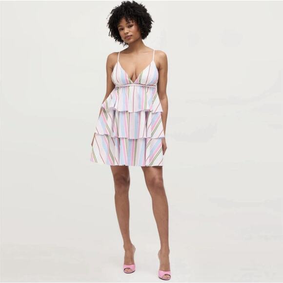 NWT HILL HOUSE Rainbow Stripe Ruffle Tiered Babydoll Gigi Mini Dress Size XL NEW - Picture 1 of 16